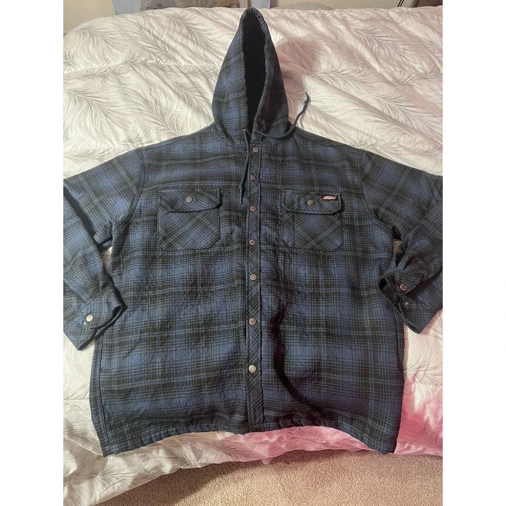 Genuine Dickies Fleece Hooded Flannel Snap Shirt Jacket Men's Size 2XL Blue